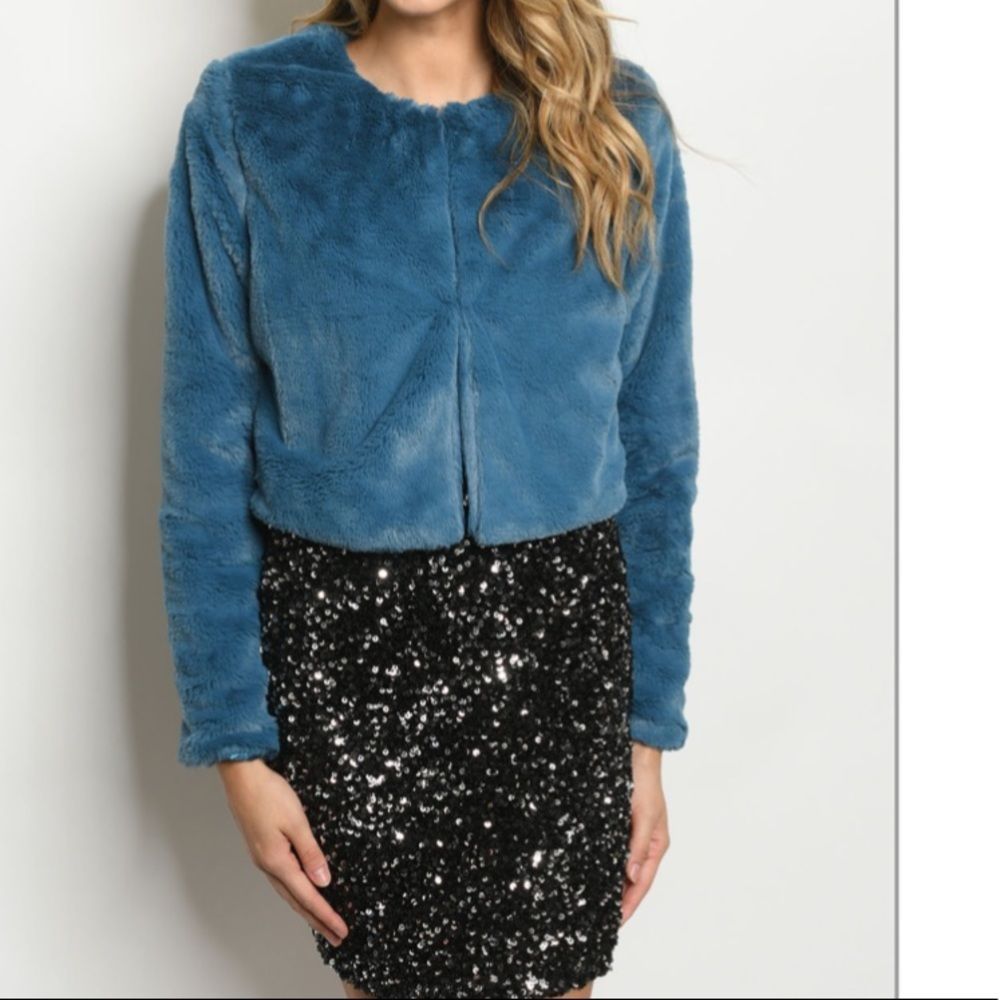 NEW Fuzzy Cropped Fleece Blazer Blue - Picture 4 of 10